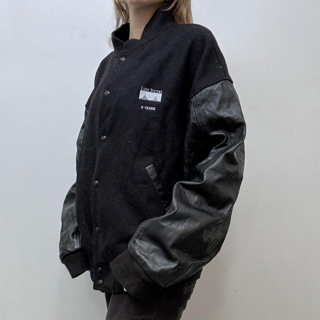 Black leather varisty bomber jacket