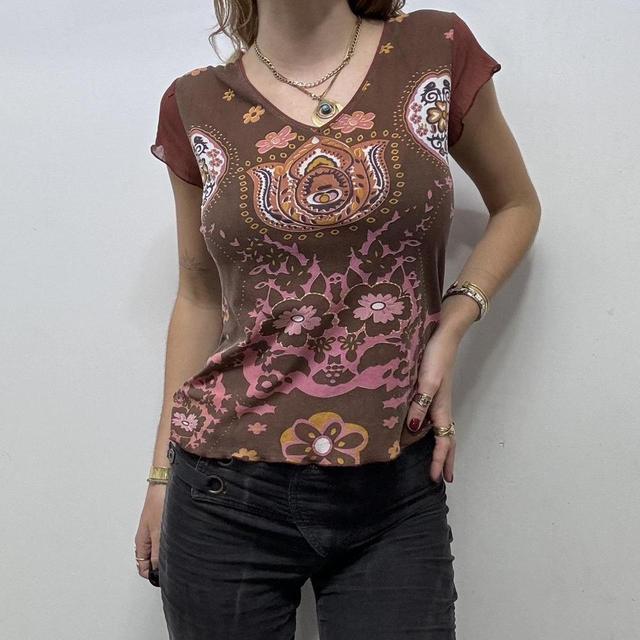 Y2k Paisley printed brown baby tee