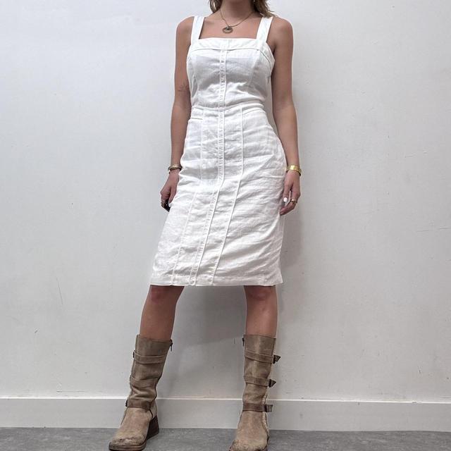 White linen fitted midi dress