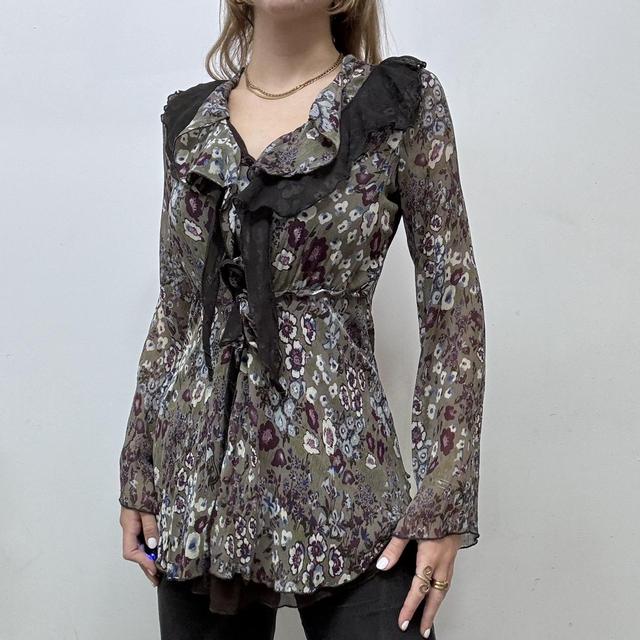 Sheer ruffle khaki fairy floral blouse