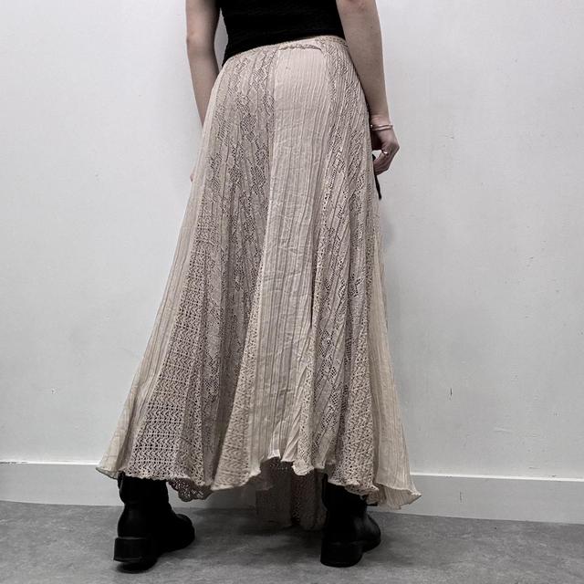 Beige lace flared pinstripe maxi skirt