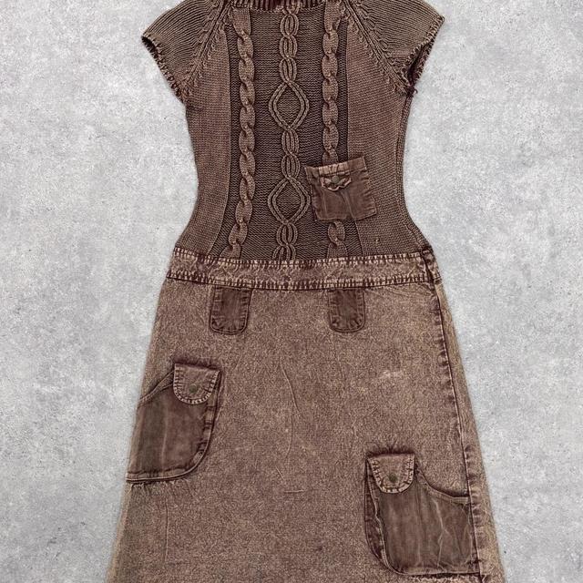 Brown distressed cable knit cargo denim dress