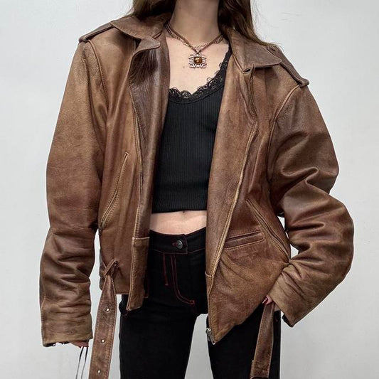 Brown leather slouchy biker jacket