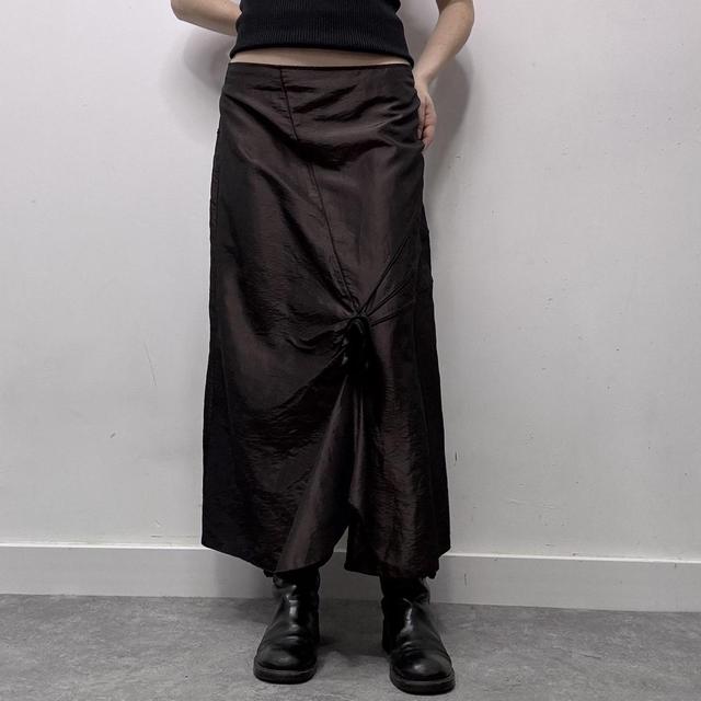 Brown satin layered asymmetric maxi skirt