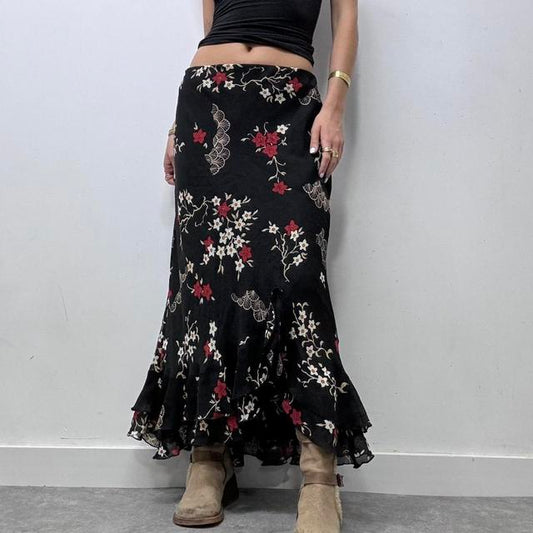 Black floral printed maxi skirt