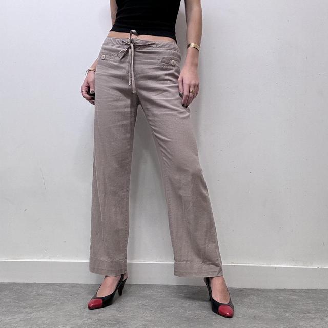 Beige flared wide leg linen trousers