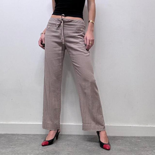 Beige flared wide leg linen trousers