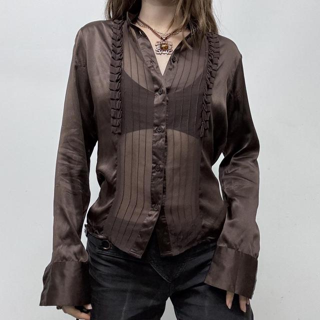 Brown sheer silk pinstripe ruffle shirt