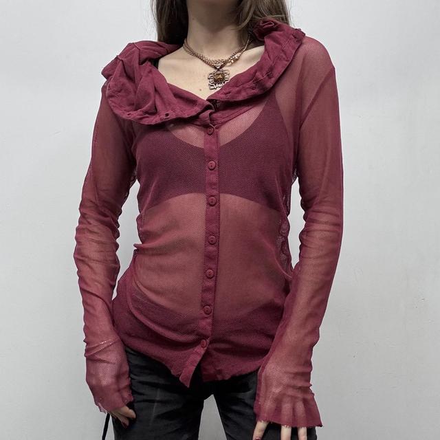 Sheer burgandy layered neck shirt