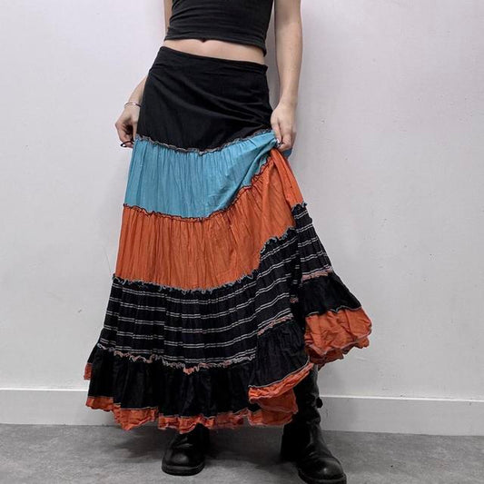 Striped flared pleated crinkle skirt
