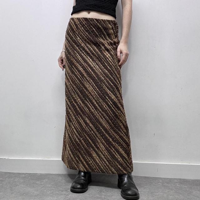 Brown pinstripe patterned wool maxi skirt