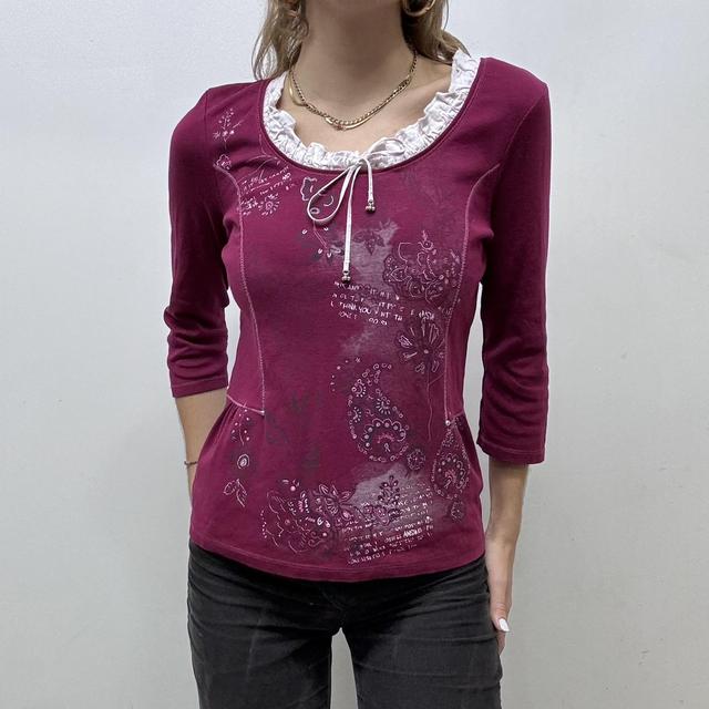 Pink bow ruffle neck printed tshirt