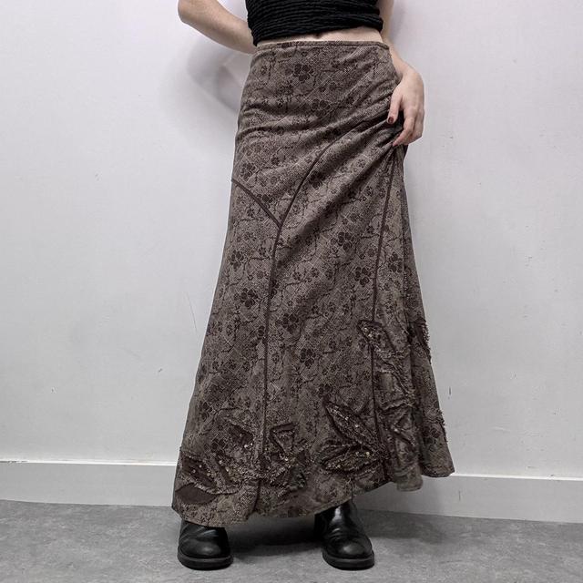 Brown floral checked tweed style maxi skirt