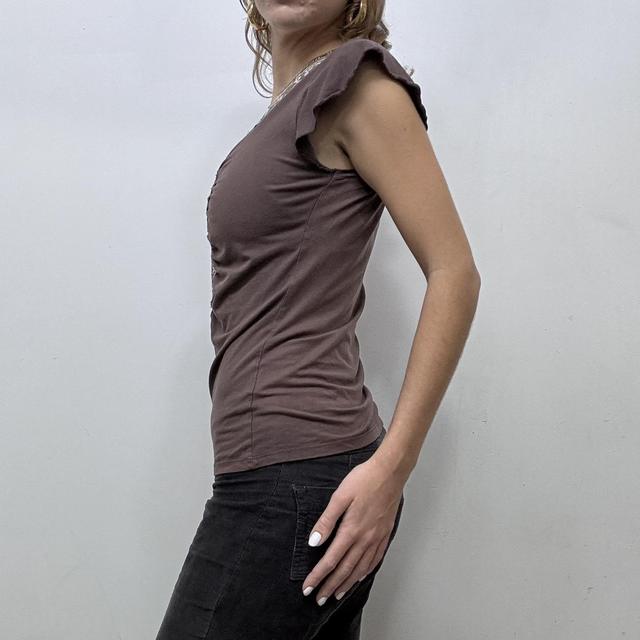 Cinched brown lace ruffle top