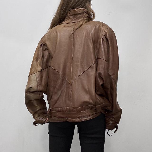 Brown leather batwing biker jacket