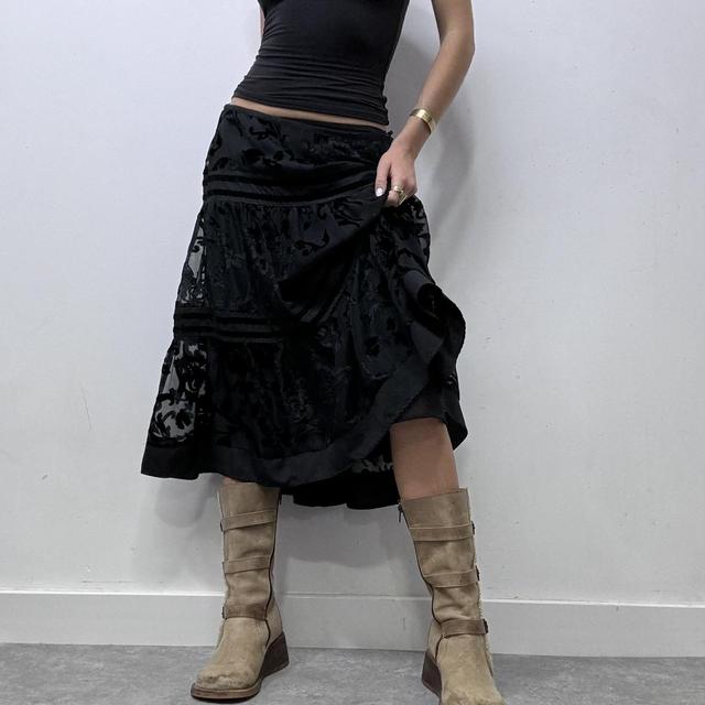 Black tiered velvet floral patterned midi skirt