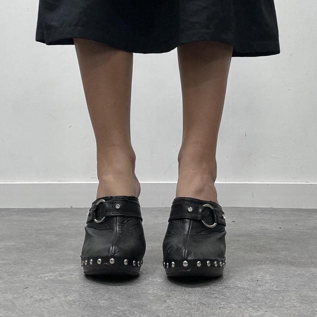 Black studded buckle mule heels