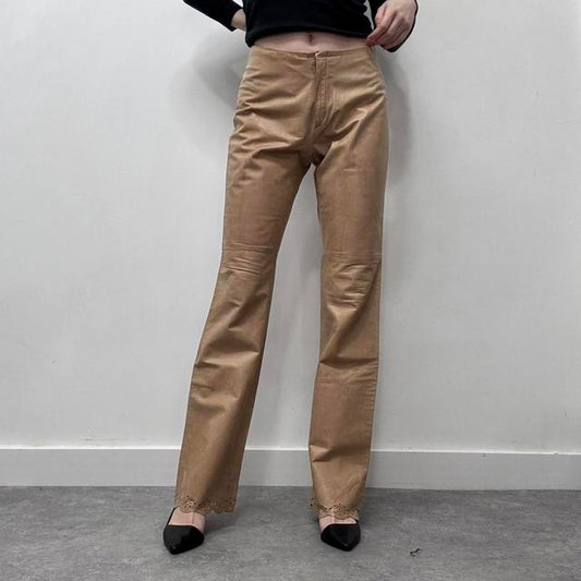 Tan leather flared trousers