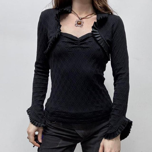 Black textured pleated flared shirt