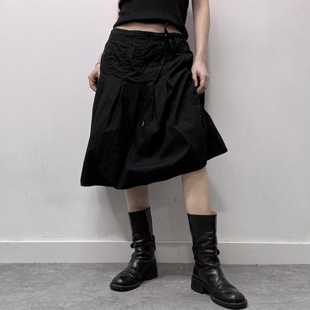 Black pinstripe pleated midi skirt