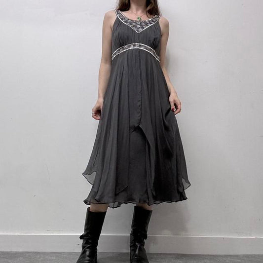 Silk pleated beaded maxi dress