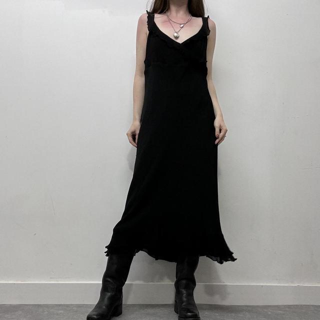 Black ruffle flared bias dress