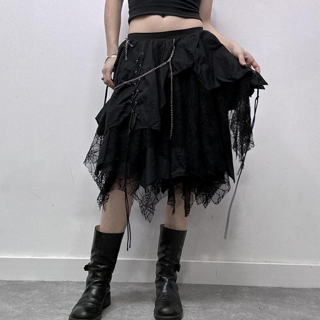 Black lace puff asymmetric grunge midi skirt