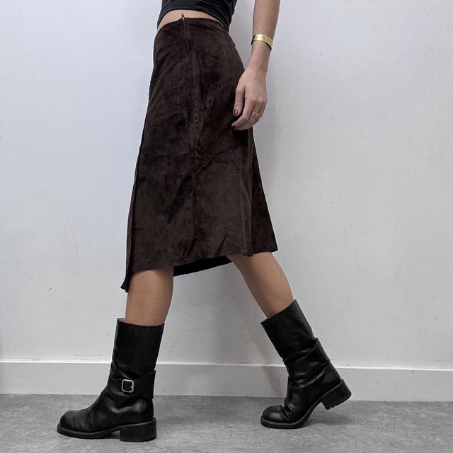 Brown suede asymmetric slit skirt