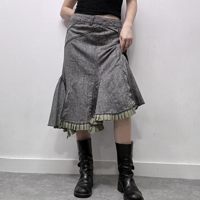 Flared grey tweed archival asymmetric midi skirt