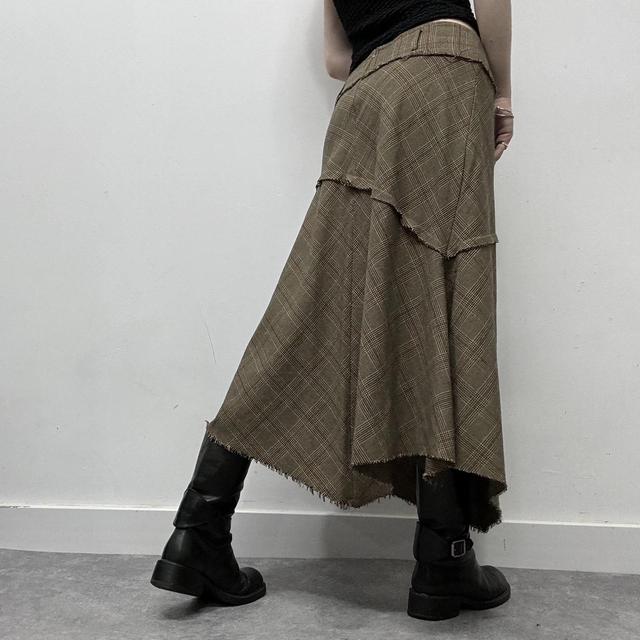 Khaki checked tartan patchwork midi skirt