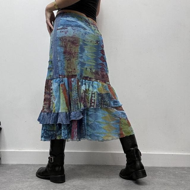 Blue printed graphic mesh y2k midi skirt