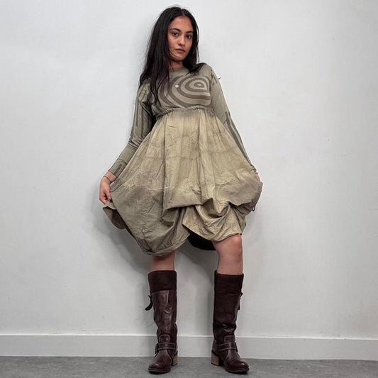 Khaki puff balloon graphic dress