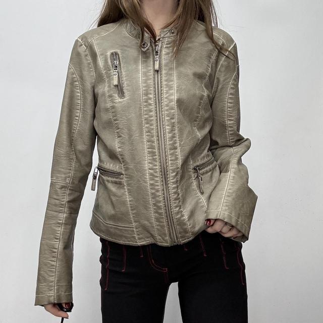 Distressed khaki vegan leather jacket