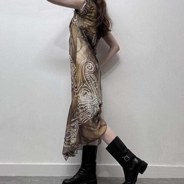 Distressed brown patterned bias cut 90s dress