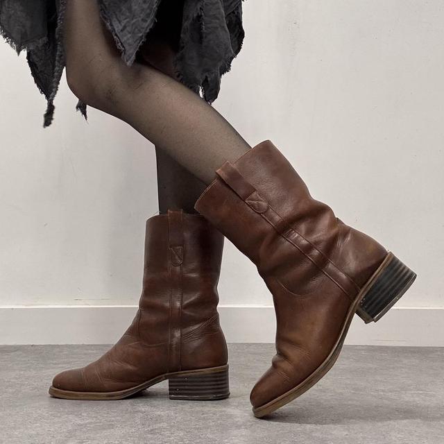 Brown leather square toe boots