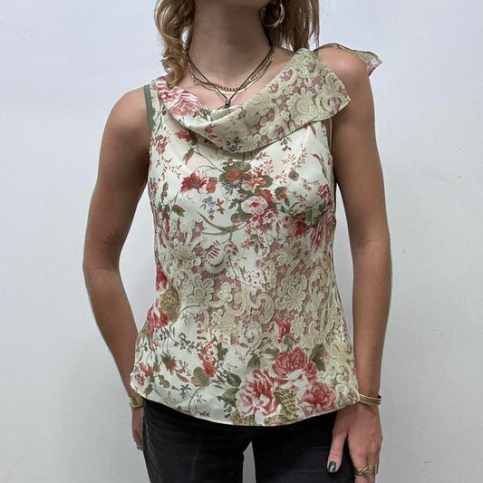 Sheer lace print drape vest