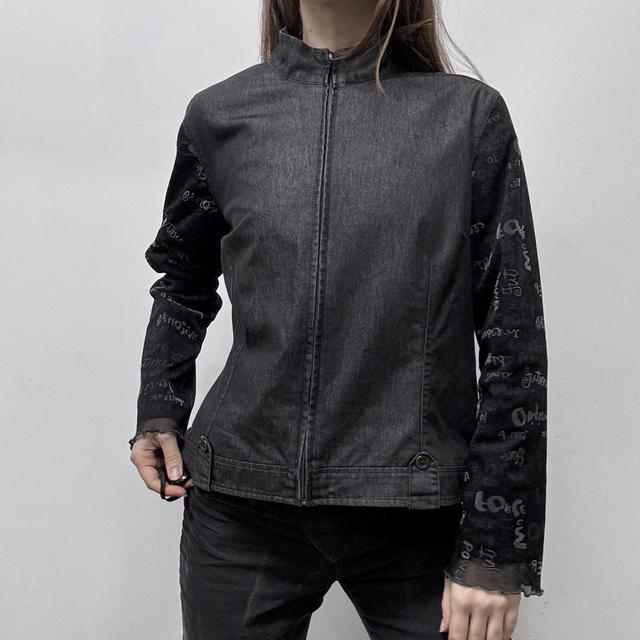 Dark denim sheer graphic sleeve jacket