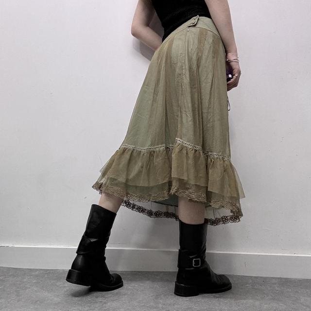 Green layered sheer mesh ruffle midi skirt