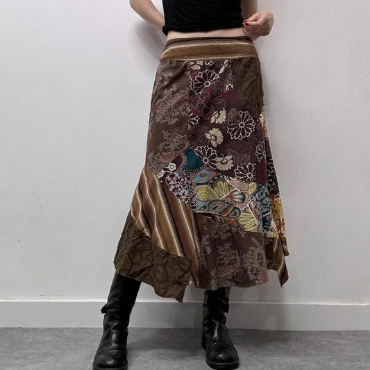 Brown floral patterned patchwork skirt