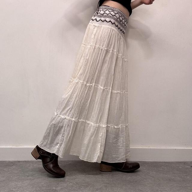 White cotton tiered embroidered maxi skirt