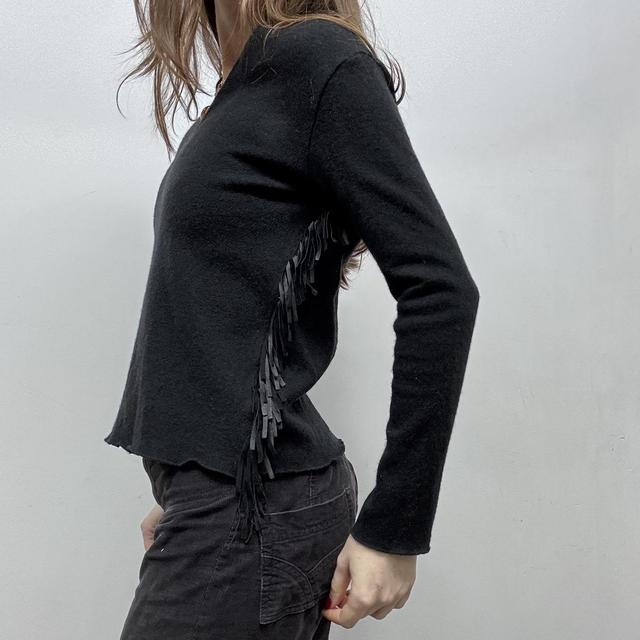 Black wool knit fitted tassel jumper