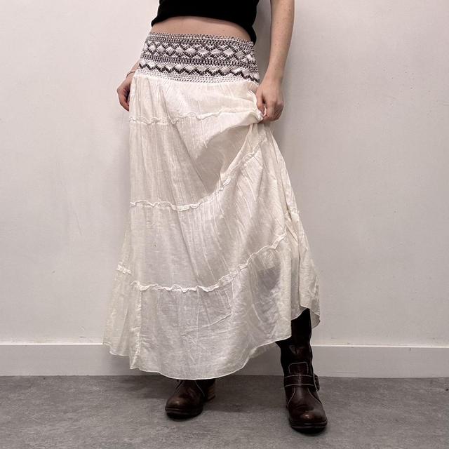 White cotton tiered embroidered maxi skirt