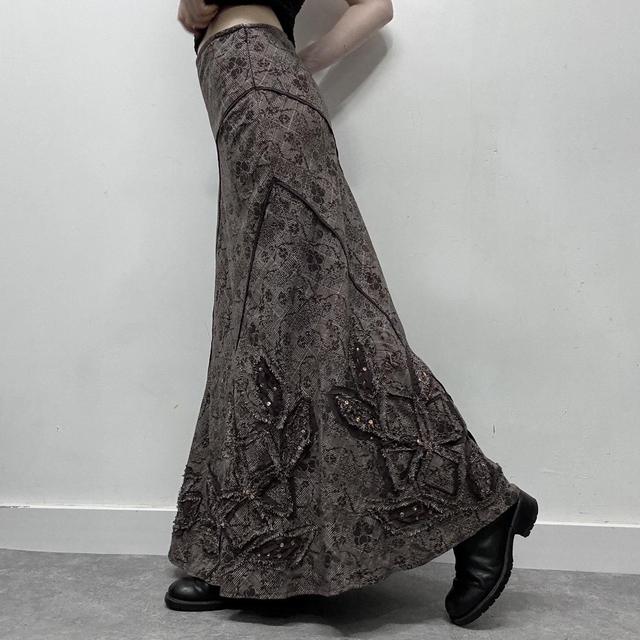 Brown floral checked tweed style maxi skirt