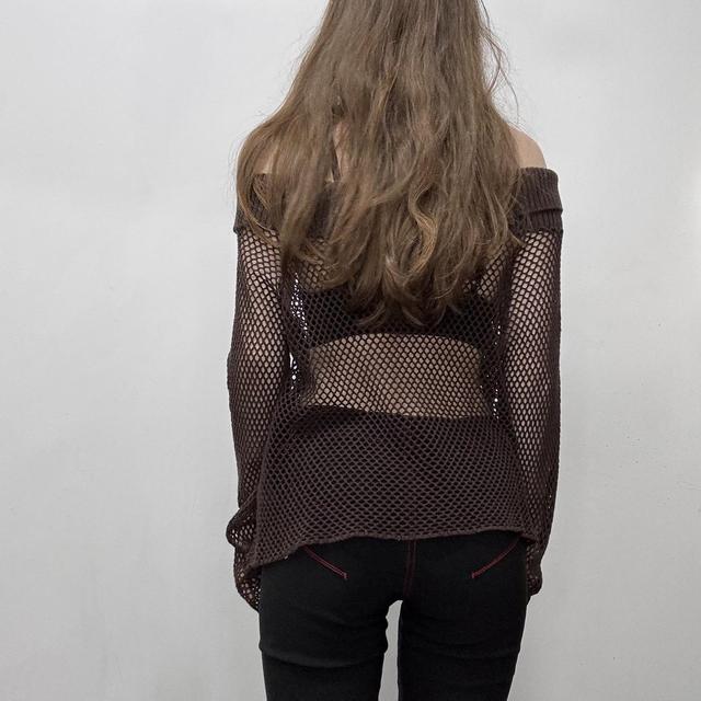 Sheer brown mesh lace off the shoulder top