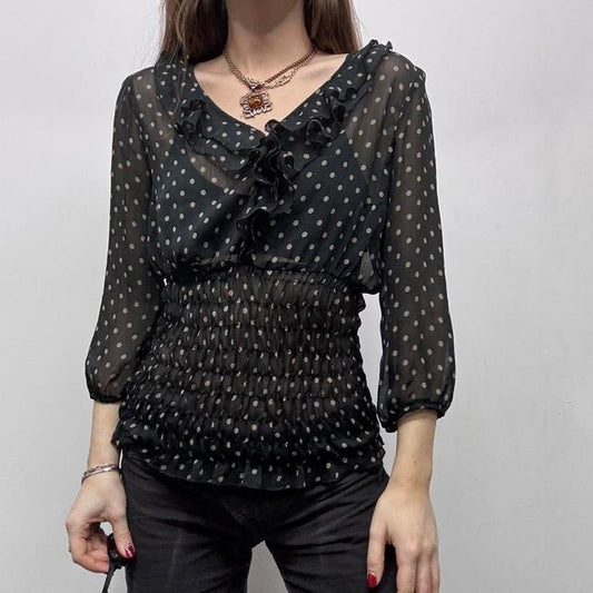 Sheer ruffle polka dot shirt