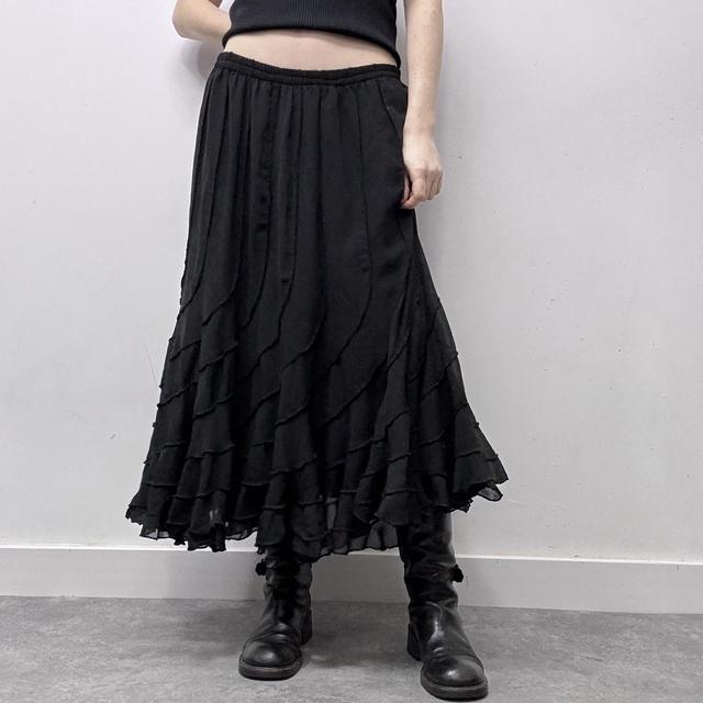 Black layered ruffle gothic midi skirt