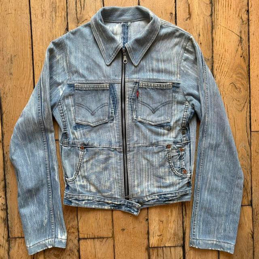 Distressed patched denim jacket
