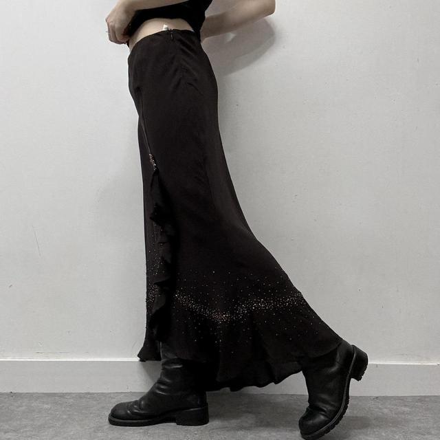 Brown ruffle flared maxi skirt