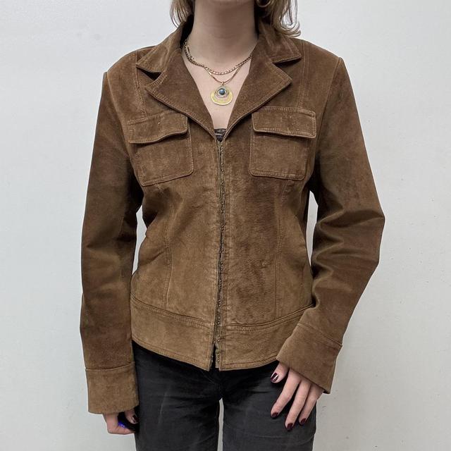 Brown suede blazer jacket corset hook and eye front