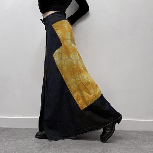Asymmetric denim slit maxi skirt